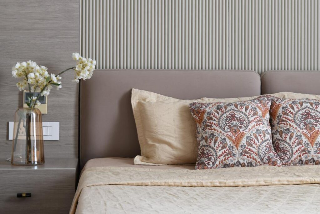 Bedroom Interiors Featuring Mauve Accents slender rounded Slat Panel