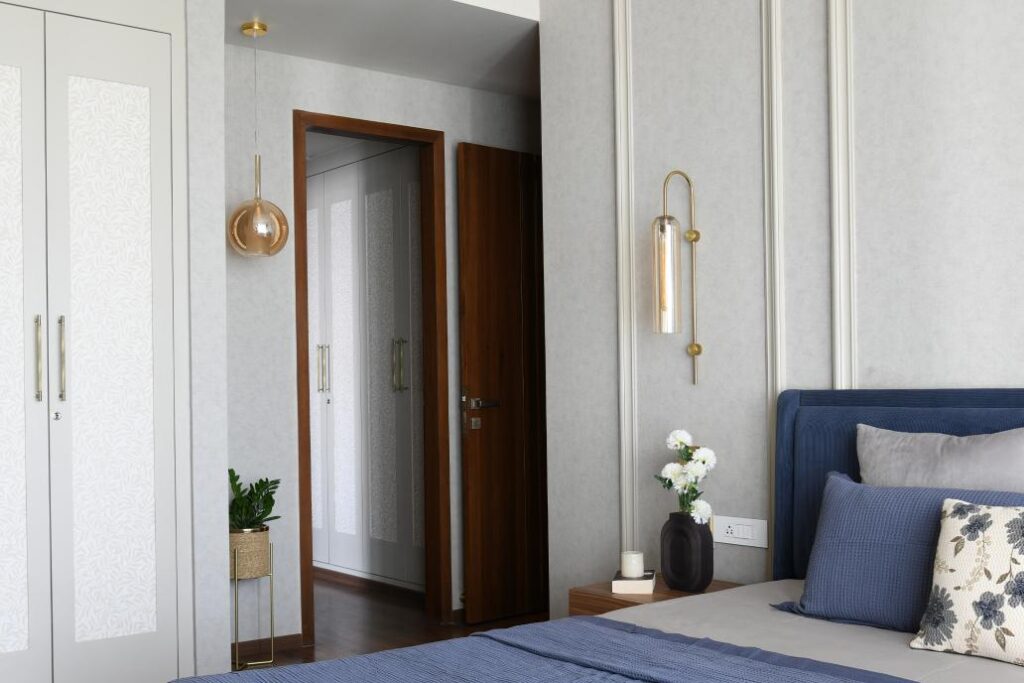 Classical European Bedroom Interiors with Deep Walnut Wood Accents and Grey Textured Wall, The Flair House
