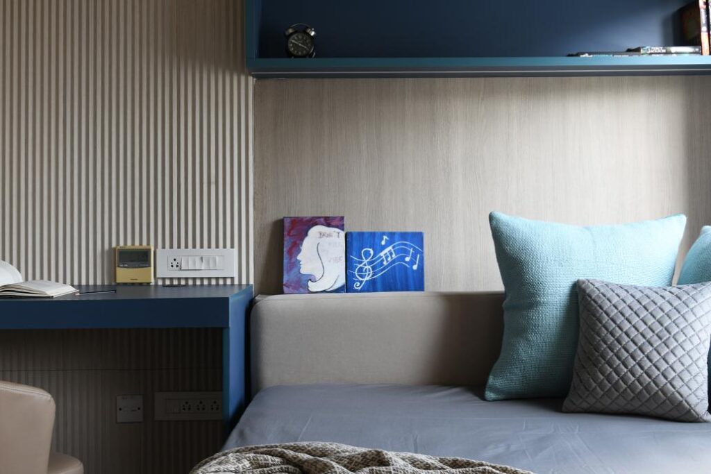 Compact Kids Bedroom with study table complemented by Vertical Slat Panel