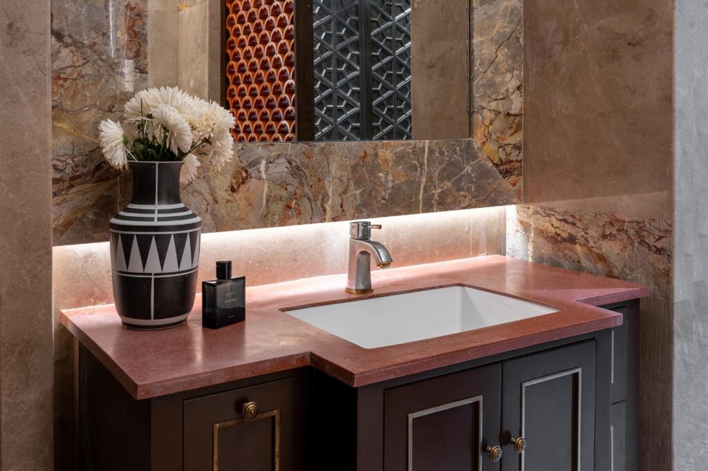 Art Deco Styled Opulent, Bathroom Interior Design in Brick Red Color Palette