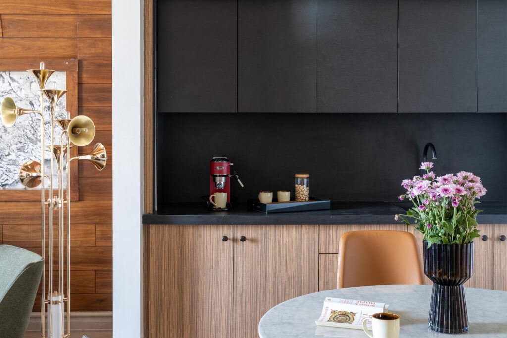 Black Matte Pantry Cabinet in a Wooden Finish Setting, Gatsby Art Deco Style Villa Architecture