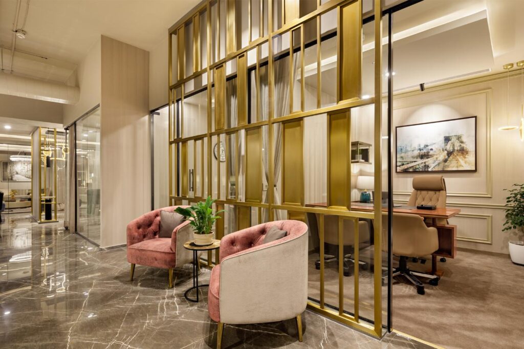 Brass Metal Screen with Pink Sofa and Grey Marble Flooring, Lawrel Law Office