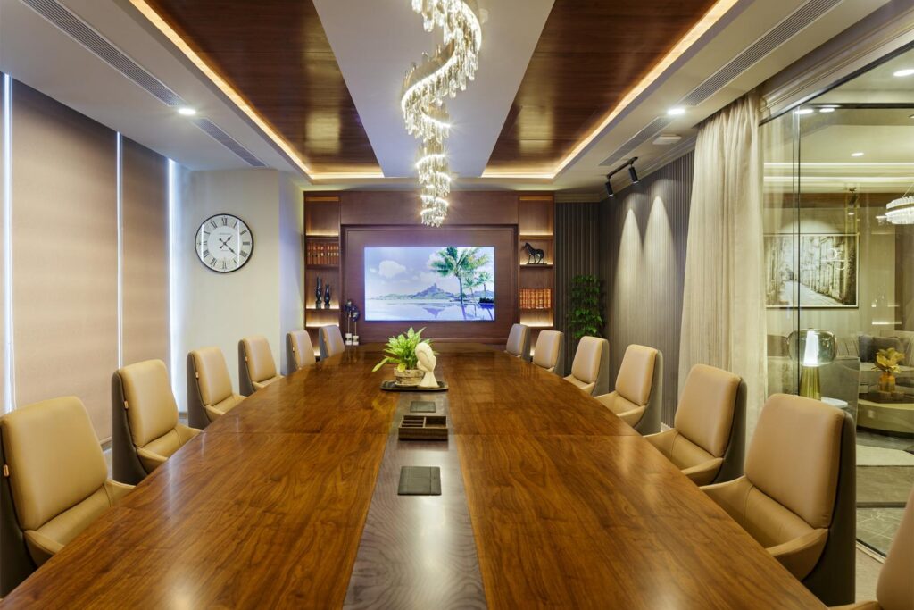 Contemporary Conference Room Design with Wooden Ceiling and unique curved Chandelier