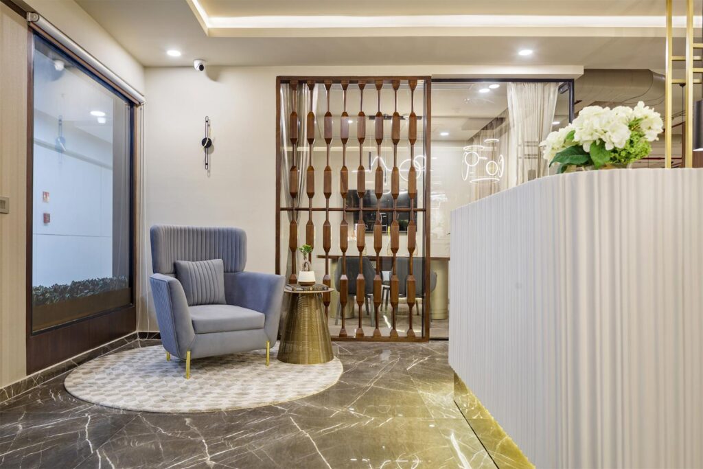 Contemporary European Office Reception Inteiror Design with Grey Flooring and Hand Crafted Wooden Screen, Lawrel