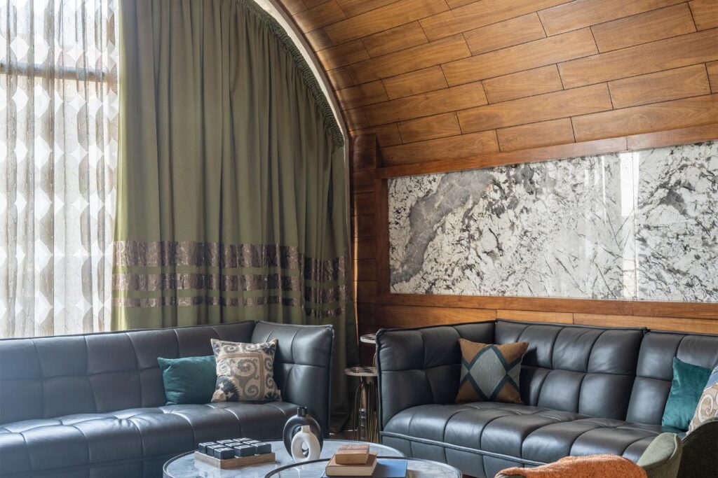 Family room with Curved Ceiling and Wood Finishing, Gatsby Art Deco Styled Villa