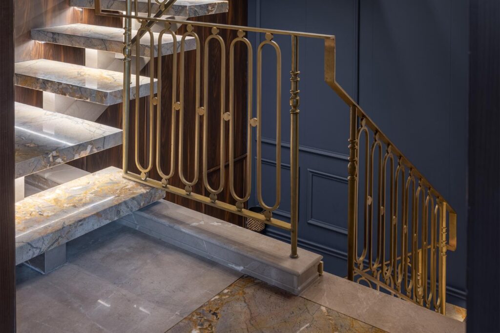 Grand Staircase Design with Gold Accent and Glossy Marble Finish, Art Deco Villa Gatsby