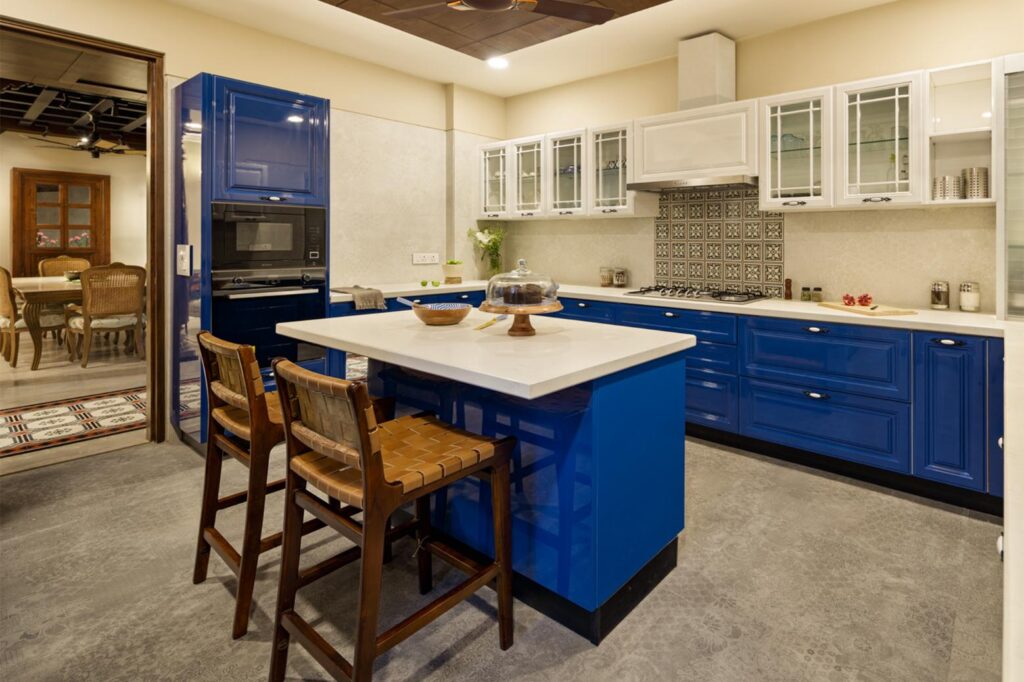 Indian Style Blue Kitchen Interior with Cream walls, Marbella