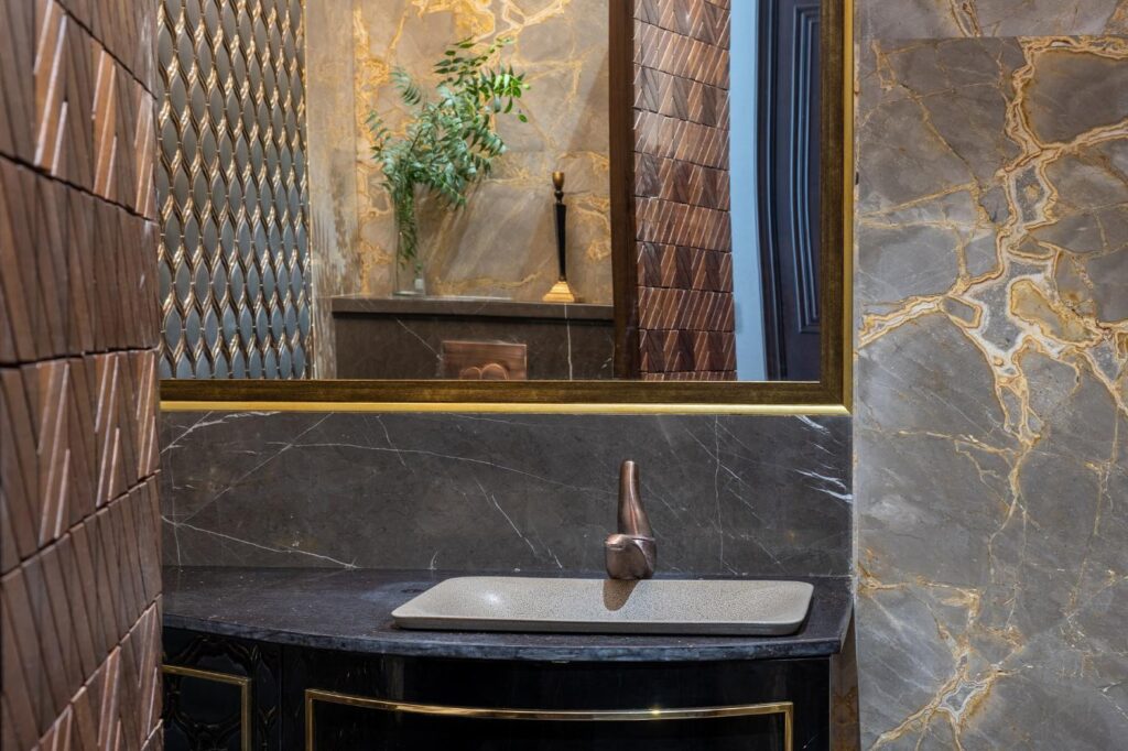 Luxurious Modern Bathroom black and Golden Accents, Gatsby