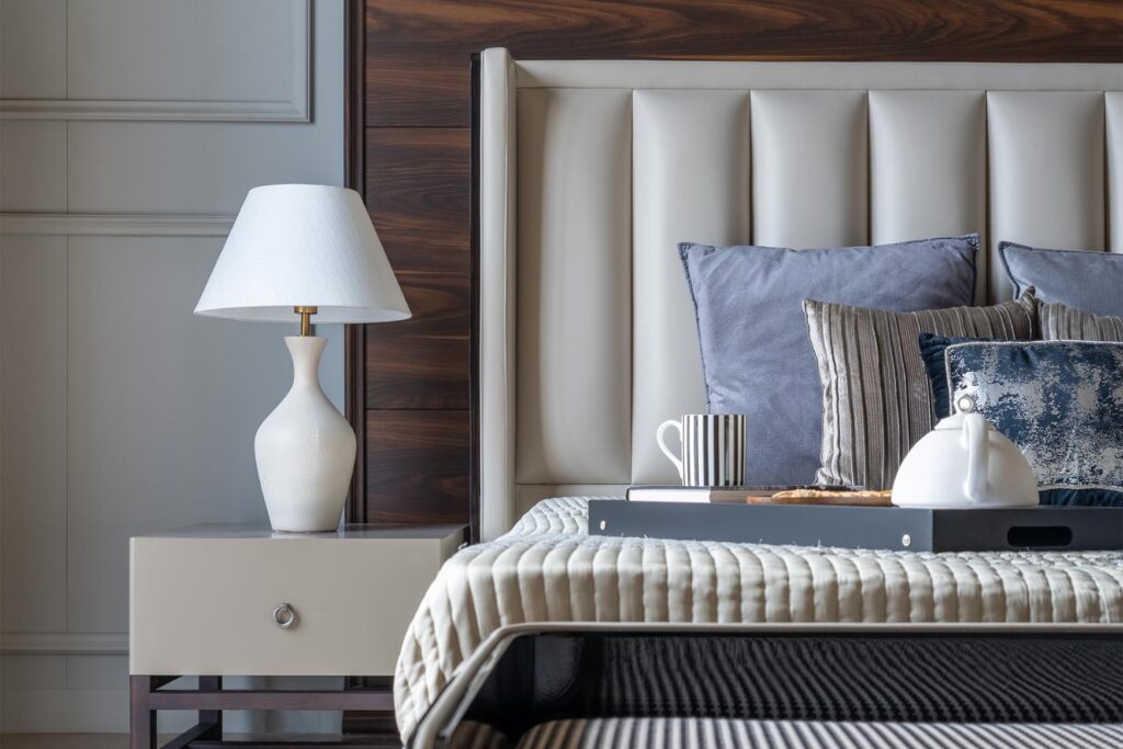 Modern Bedroom Interiors with Off White Bedding and Grey Wall Mouldings, Gatsby