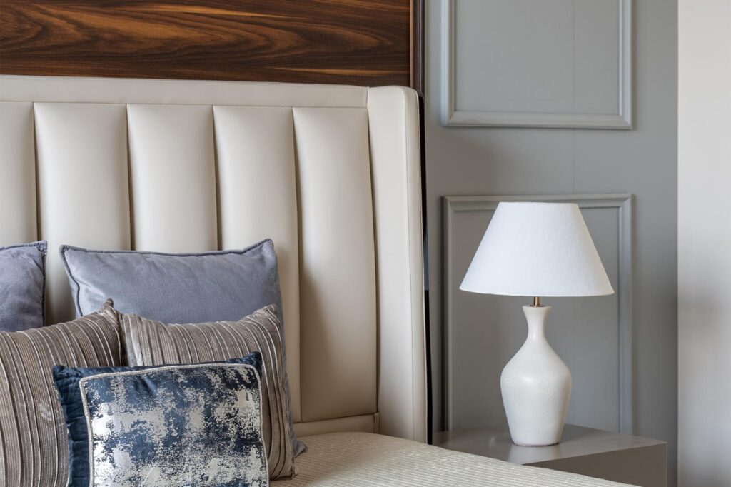 Modern Bedroom Interiors with Wooden Bed Wall and Grey Mouldings, Gatsby