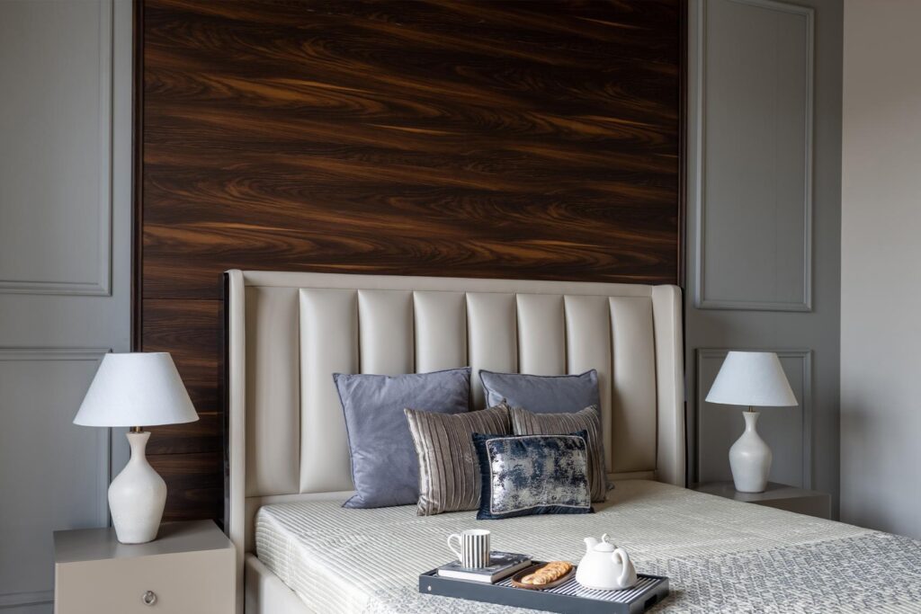 Modern Bedroom Interiors with Wooden Bed Wall and Grey Wall Mouldings, Gatsby
