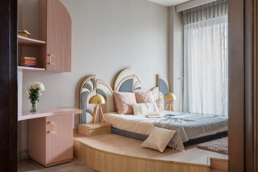 Pink Color Palette Bedroom Interior with asymmetric curved headboard Design, Gatsby