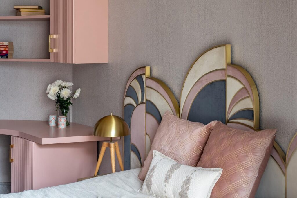Pink Themed Bedroom Interior with asymmetric headboard Design, Gatsby