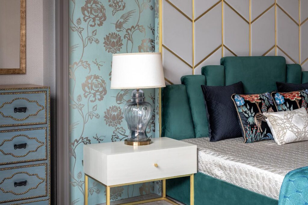 Teal Colored Luxurious Master Bedroom Interior, Art Deco Style, Gatsby