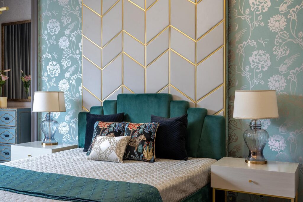Teal Luxurious Master Bedroom Interior, Art Deco Style, Gatsby