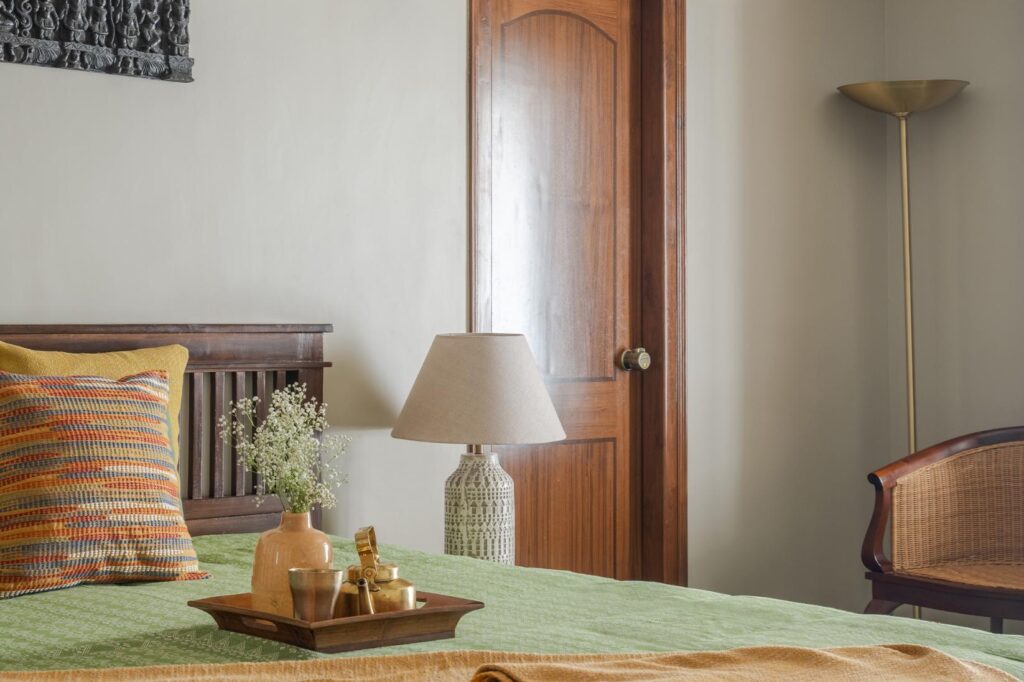 Traditional Indian Bedroom Interiors with Light Green Bedding, Kaivinai