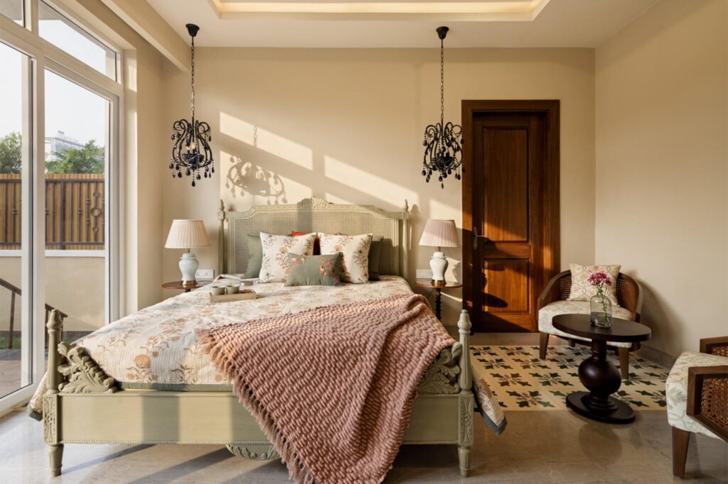 Traditional Indian Bedroom Interiors with beige walls, Marbella