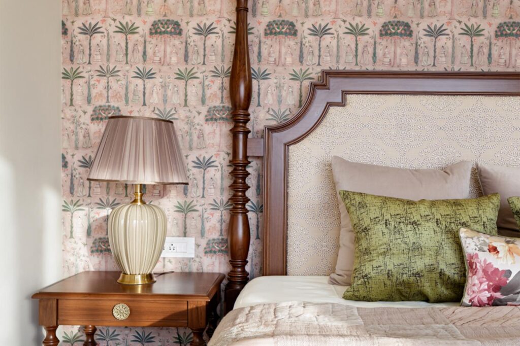 Traditional Indian Interiors with Biophilic pattern bed wall, Marbella