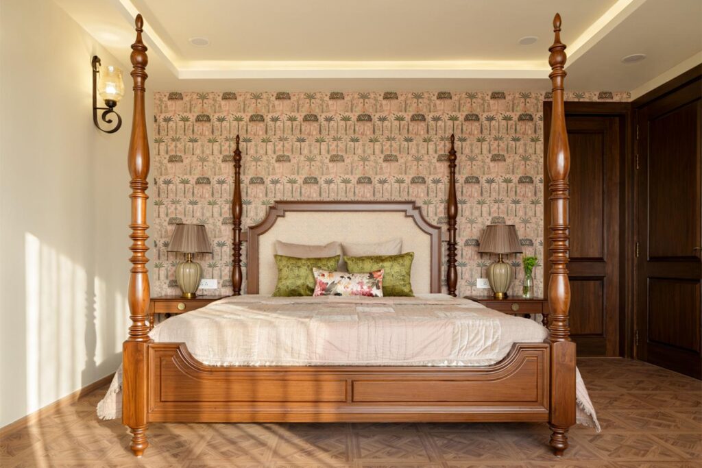 Traditional Indian Interiors with Patterened Bedwall and Four Postern Indian Style Bed, Marbella