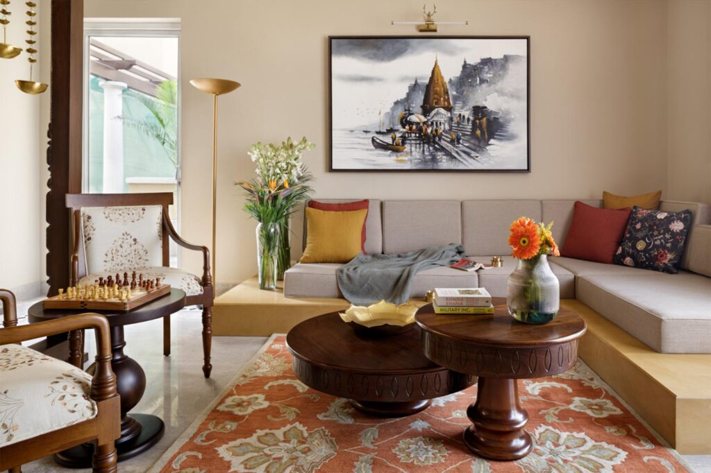 Traditional South Indian Interiors with cream walls and light brown seating, Marbella