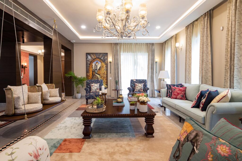 Traditional South Indian Living Room Interior Design with Oonjal and Indian Color Palette, Marbella