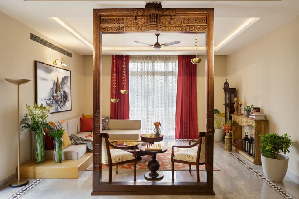 Traditional South Living Room Indian Interior Design with Intricately Crafted Wooden Frame, Marbella