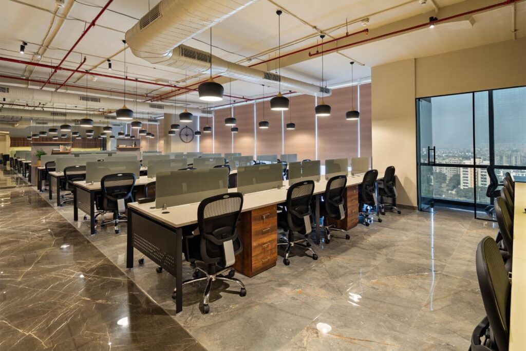 Workspace Area Design with Grey Marble Flooring and Exposed Ceiling, Lawrel
