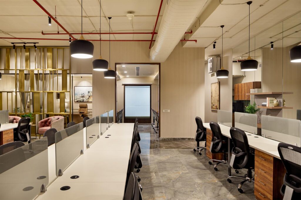 Workspace Area Design with Grey Marble tiles and Greige Walls. separated by Brass Metal Screen, Law Office Lawrel
